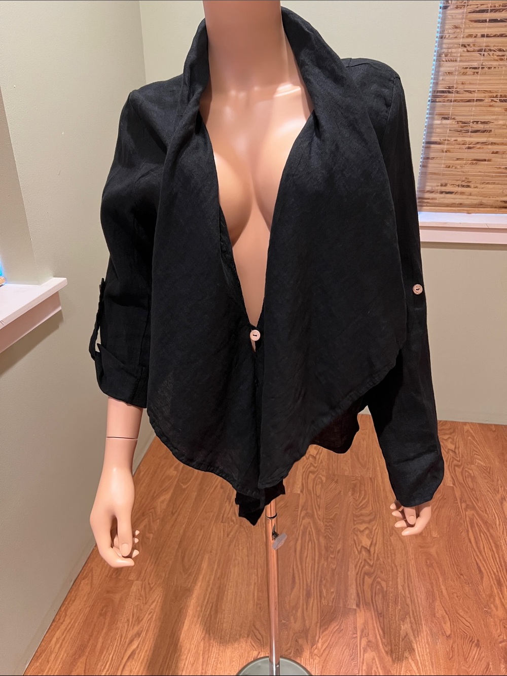 Black Draped Open-Front Linen Jacket Size M